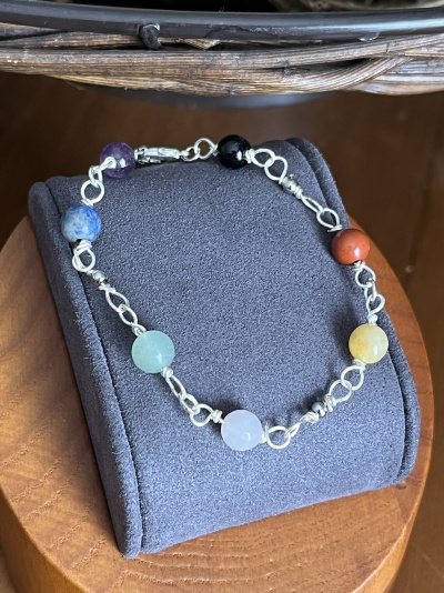 Pulseira em Aço Inoxidável com 7 Pedras Naturais – Ônix, Ametista, Sodalite, Amazonite, Quartzo Rosa, Citrino e Cornalina