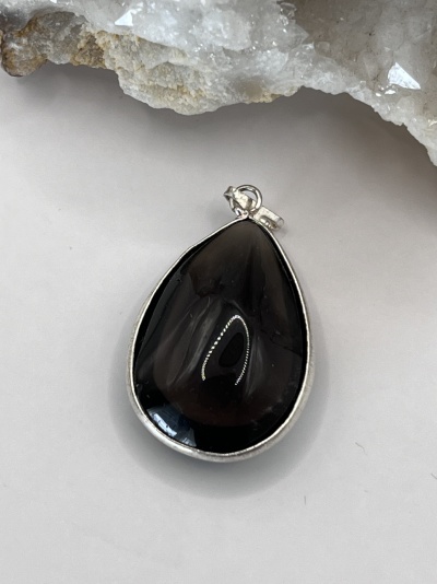 Pingente Gota de Quartzo Fumê em Banho de Prata