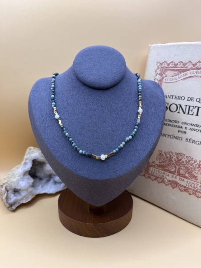 Colar de Aço Inox com Pedras Facetadas e Pérolas - Turmalina Verde