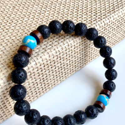Pulseira Pedra Vulcânica – Azul com madeira