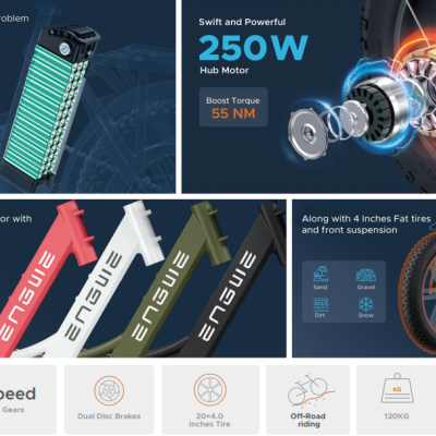ENGWE  L20 250W.  140 km autonomia. Velocidade máxima 25 km/h.  Suspensão dianteira.  Step-Thru E-bike.