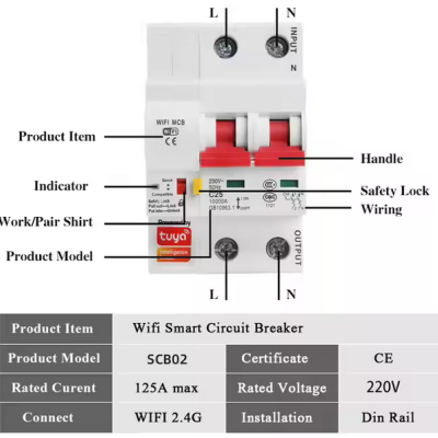 Disjuntor 2P SCB02  Smart Tuya Wifi  1-63 amperes ajustável por télemovel com duas antenas.