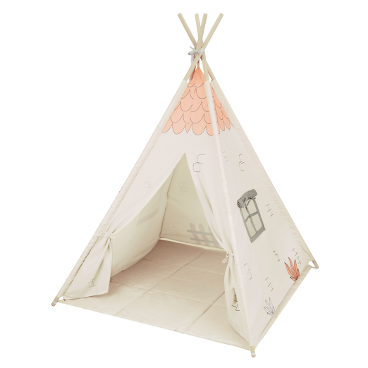 KIKKABOO Tipi Madeira c/ Tapete Almofadado - Casa bege