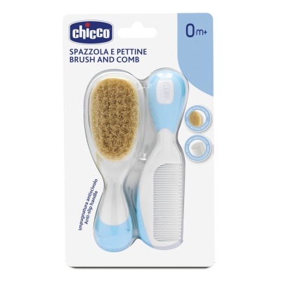 Escova e pente de cerdas naturais azul Chicco 0m+