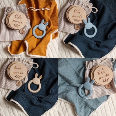 Kit bebé (milestones, fraldinha de pano e mordedor)